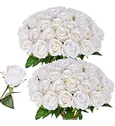 LetuoClips 52 PCS White Roses Artificial Flowers, Fake White Roses Bouquet,White Artificial Silk ...