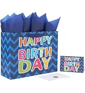 13" Large Blue Gift Bag Set with Greeting Card and White Tissue Papers (Laser Foil 'Happy Birthda...