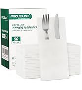 FOCUSLINE 50 Count Disposable Cloth like Napkins, Built-in Flatware Pocket, White Prefolded Paper...