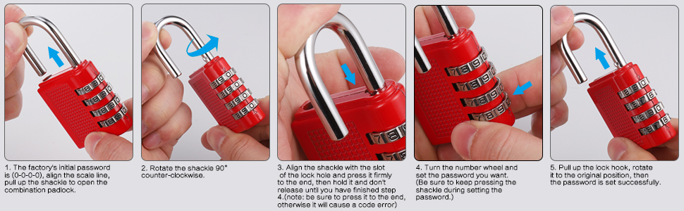 Step-by-step instruction sequence showing how to operate a red combination lock, demonstrating setting and resetting process across five panels.