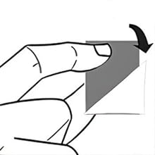 Simple line drawing of a hand demonstrating how to flip or turn a page, with an arrow indicating the direction of movement.