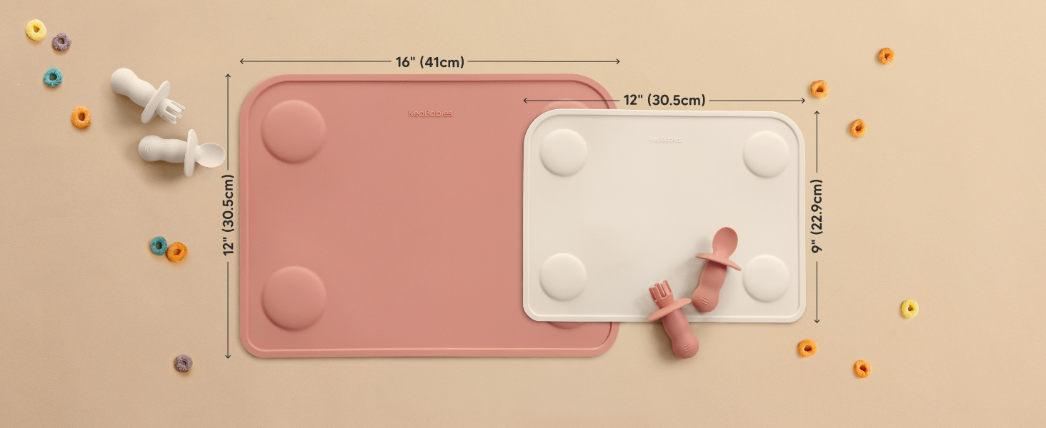 Silicone placemats showing two sizes: 16 x 12 inch and 12 x 9 inch with measurement guides.