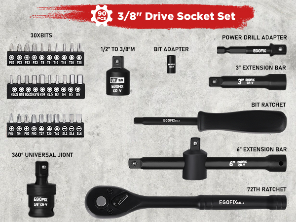 3/8 impact socket set 90 PCS size