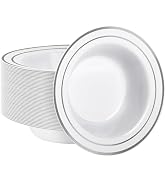 Goodluck 50 Pack Plastic Bowls with Silver Rim, 12oz Disposable Soup Bowls, Heavy Duty Dessert Bo...