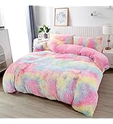 PERFEMET Pink Faux Fur Fluffy Comforter Twin 3-Piece Colorful Rainbow Plush Shaggy Bedding Sets f...