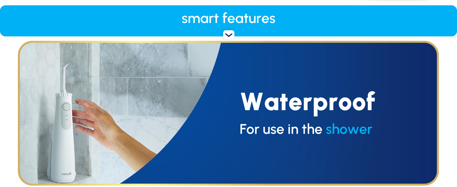 Image of Waterpik Cordless Gem in shower with text that says waterproof for use in the shower