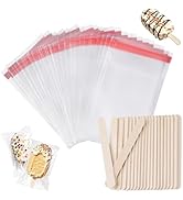 Ozera 200 Pcs Ice Pop Bags and Popsicle Sticks, Cakesicle Bags and Wooden Sticks, Clear Self-adhe...