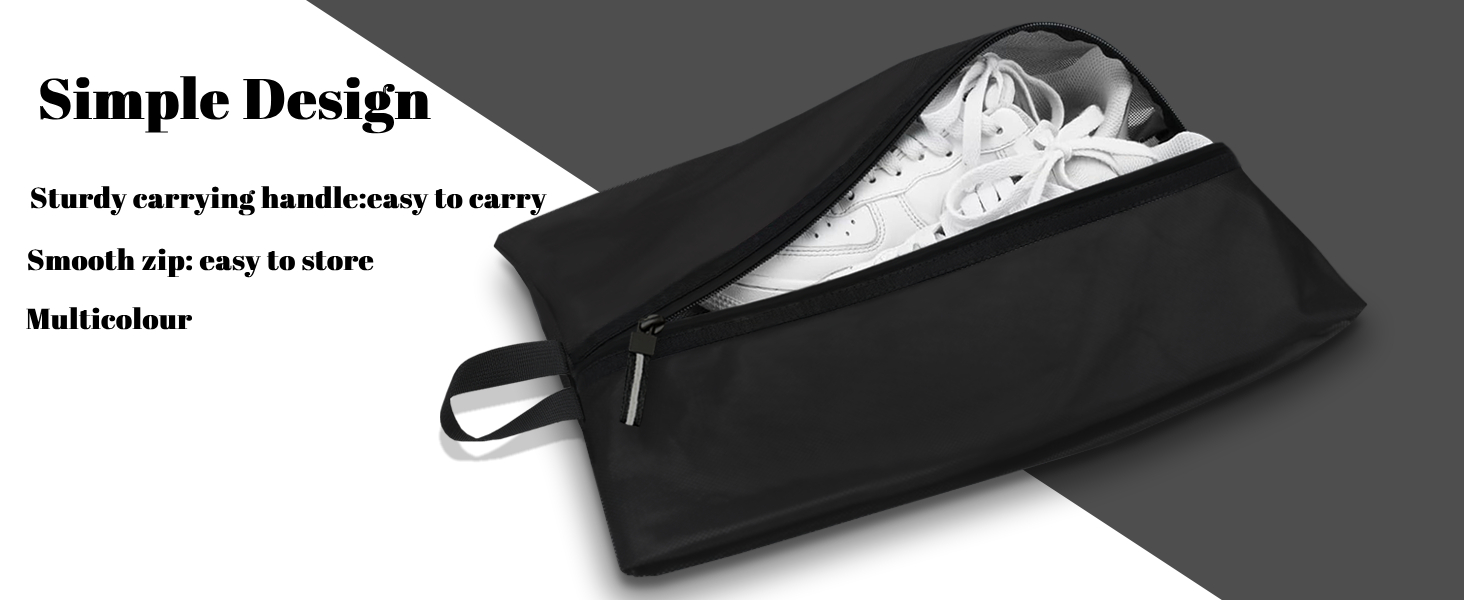 Black travel shoe bag with zipper closure and carrying handle, shown partially open with white text describing simple design features.