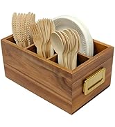 Arflo Acacia Silverware Holder for Party with Handle - Paper Plate Holders for Countertop - Woode...