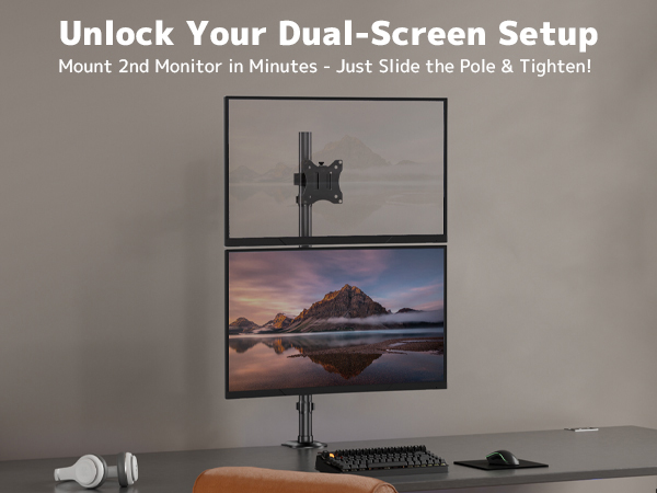 Unlock Your Dual-Screen Setup Mount 2nd Monitor in Minutes -Just Slide the Pole & Tighten!
