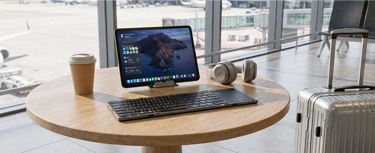 Aimarz AF01 keyboard and tablet arranged on a table beside luggage for travel work.