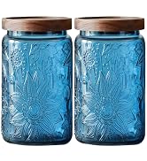 ANSQU Set of 2 Vintage Blue Glass Storage Jars with Wood Lids, 34oz Kitchen Canisters for Coffee,...