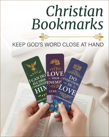 Christian bookmarks displayed over an open Bible.