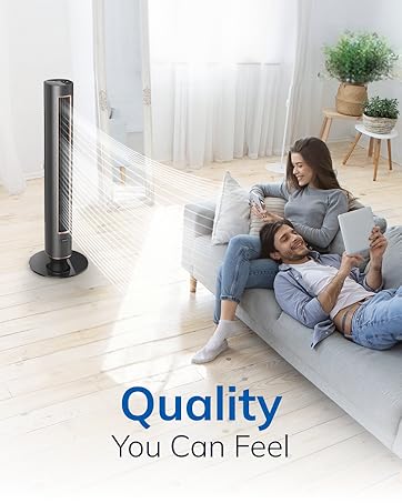 Image of tower fan in living room and people on couch with text reading quality you can feel.