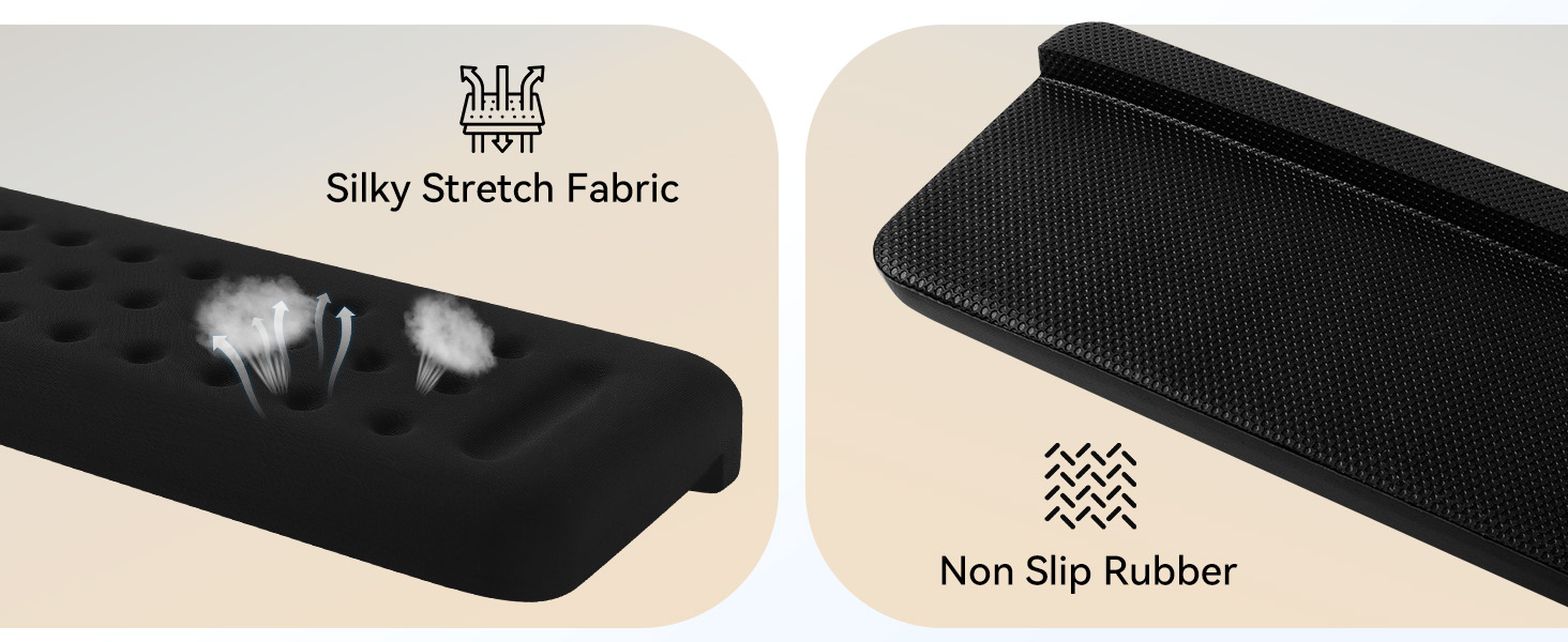 Text reads 'Silky Stretch Fabric' and 'Non Slip Rubber'. Product comparison showing black fabric material characteristics in two panels.