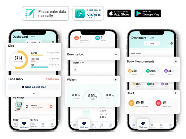 Enter data manually to track your intake, blood pressure and more.