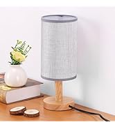 Gray Small Bedside Table Lamp for Bedroom,Natural Round Wood Base&Fabric Linen Shade,Cozy Night T...