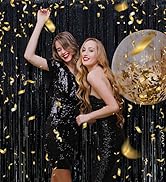 2 Pack Black Foil Fringe Curtain Backdrop Black Streamers Tinsel Backdrop Halloween Party Decor B...