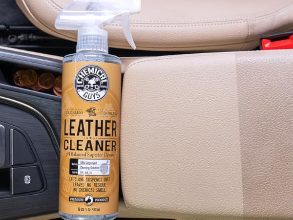 Leather cleaner and conditioner restoring shine to car seats, dashboards, and steering wheels.