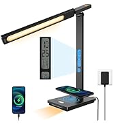 Led Desk Lamp with Wireless Charger, Desk Lamps for Home Office with Clock, Alarm, Date, Temperat...