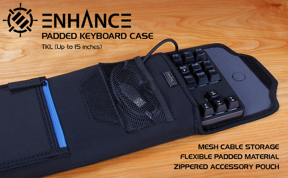 keyboard inside the keyboard sleeve on a wooden desk