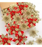 Red Gold Poinsettia Flowers for Christmas Tree, 28 Pack Christmas Flowers Artificial and Berry St...