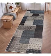 qulint Modern Outdoor Patio Rug, Geometric Indoor Runner Rug for Kitchen Hallway, Blue-Taupe 2'x6...