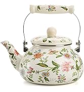 Jucoan 2.6 Quart Vintage Enamel Tea Kettle, Green Floral Enamel on Steel Teapot with Cool Touch P...