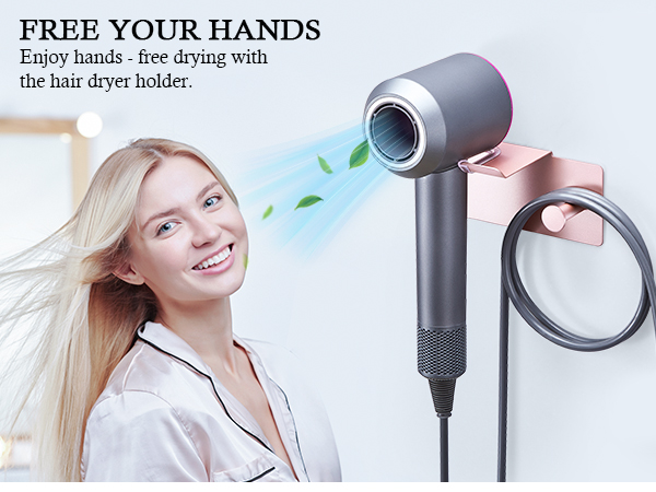 Text reads 'FREE YOUR HANDS'. Professional hair dryer with wall mount holder shown against white background.