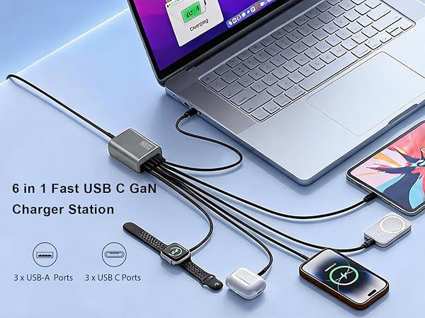 165W GaN USB C charging station 6 port fast desktop charger hub for MacBook iPhone Samsung