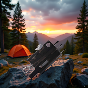 A rugged outdoor scene with a backpack, compass, and the product lying on a rocky surface.