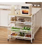 Cinati 4-Tier Utility Kitchen Cart with Wood Top, 29" L Kitchen Storage Cart with 8 Baskets & Han...