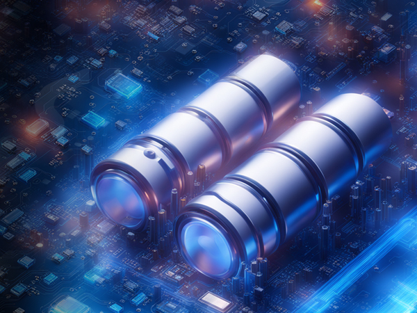 Three silver cylindrical devices with grooved surfaces and glowing ends, displayed on a blue digital background with floating squares and light effects.