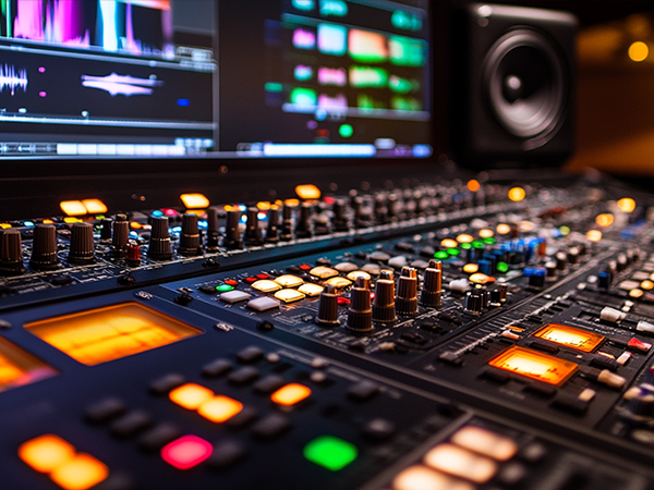 Professional audio mixing console with illuminated buttons, faders, and LED displays. Multiple channels featuring knobs and sliders spread across a dark control surface with colorful lighting accents.