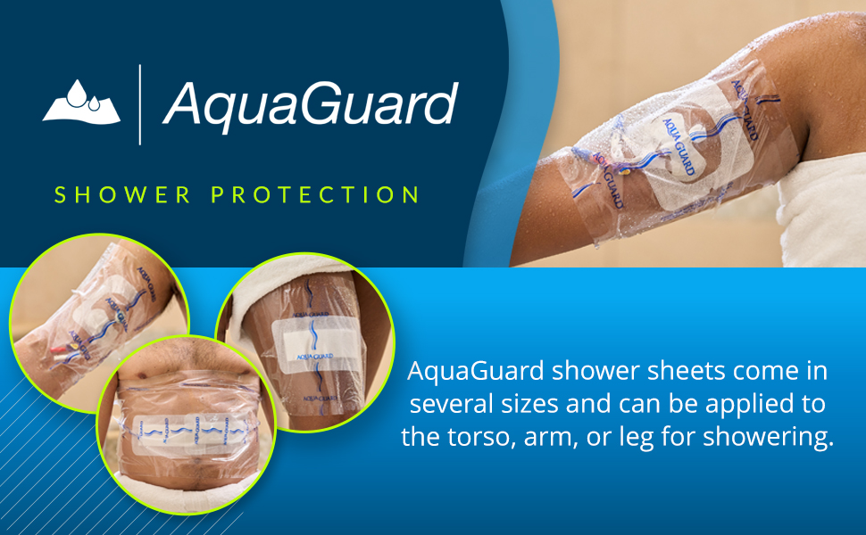 AquaGuard Shower Protection sheets come in several sizes and can be applied to torso, arm, or leg.