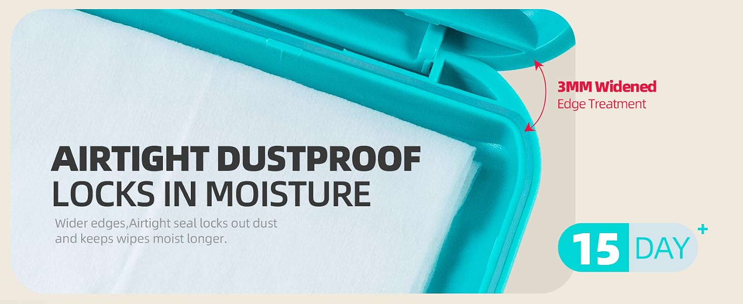 Wider edges + airtight seal on Muyocare portable box. Locks dust & moisture for on-the-go wipes.