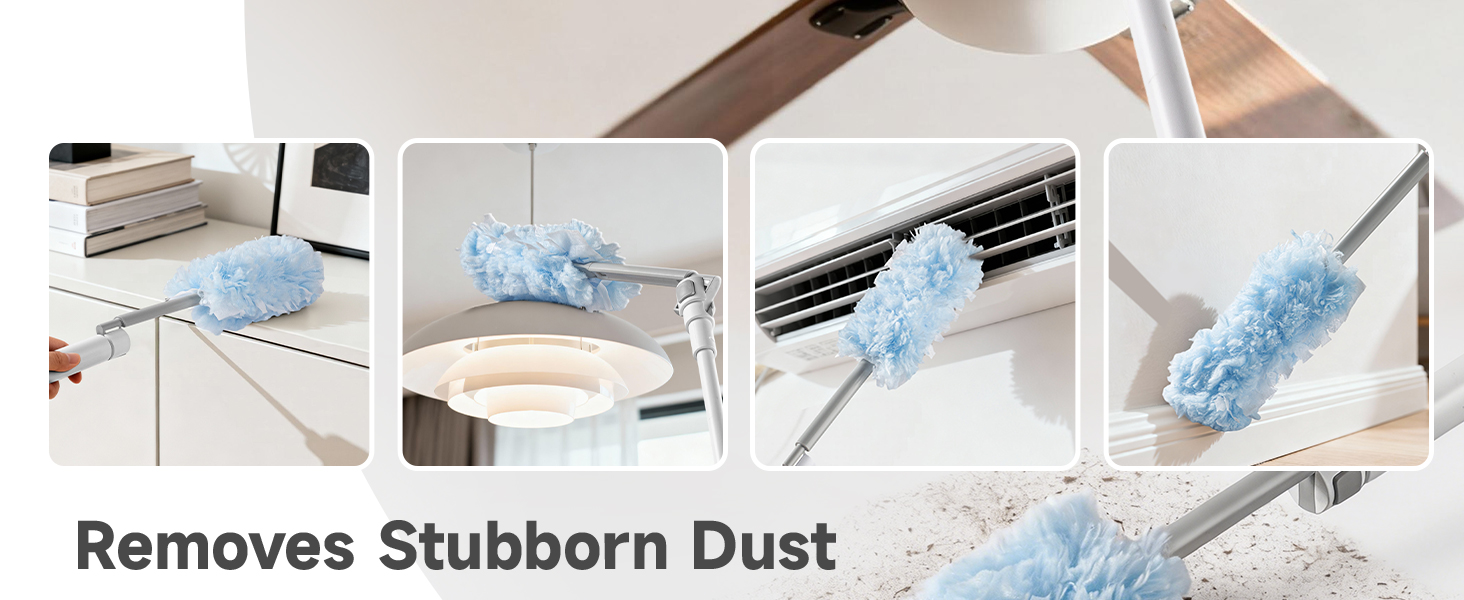 Flexible rotating duster head cleans corners, vents, and hard-to-reach spaces.
