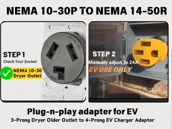 10-30p to 14-50r dryer to ev charger adapter plug 24amp level 2 charging