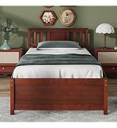 Giantex Twin Bed Frame With Headboard, Mid Century Solid Wood Platform Bed, Single Panel Bed With...