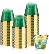 Bestluck 100 Pack 9 oz Green Plastic Cups, Clear Disposable Cups with Gold Rim, Plastic Cocktail ...