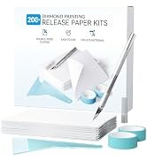 Diamond painting release paper kit containing 200 pieces, including white papers, blue tape, and tools for crafting.