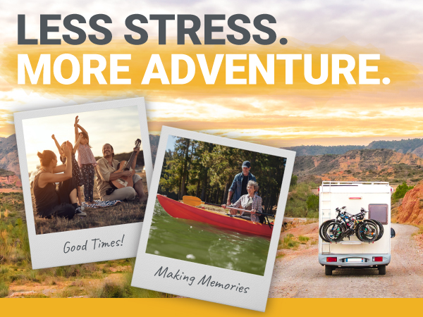 background of RV driving toward mountains, headline reads less stress, more adventure