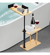 3 Layer Bath Tub Tray Table, Liftable Freestanding Bamboo Bath Tray Caddy for Tub Against Wall, B...