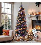 YITAHOME 6FT Prelit Black Fraser Fir Pencil Halloween Tree w/Remote | Black Slim Artificial Chris...