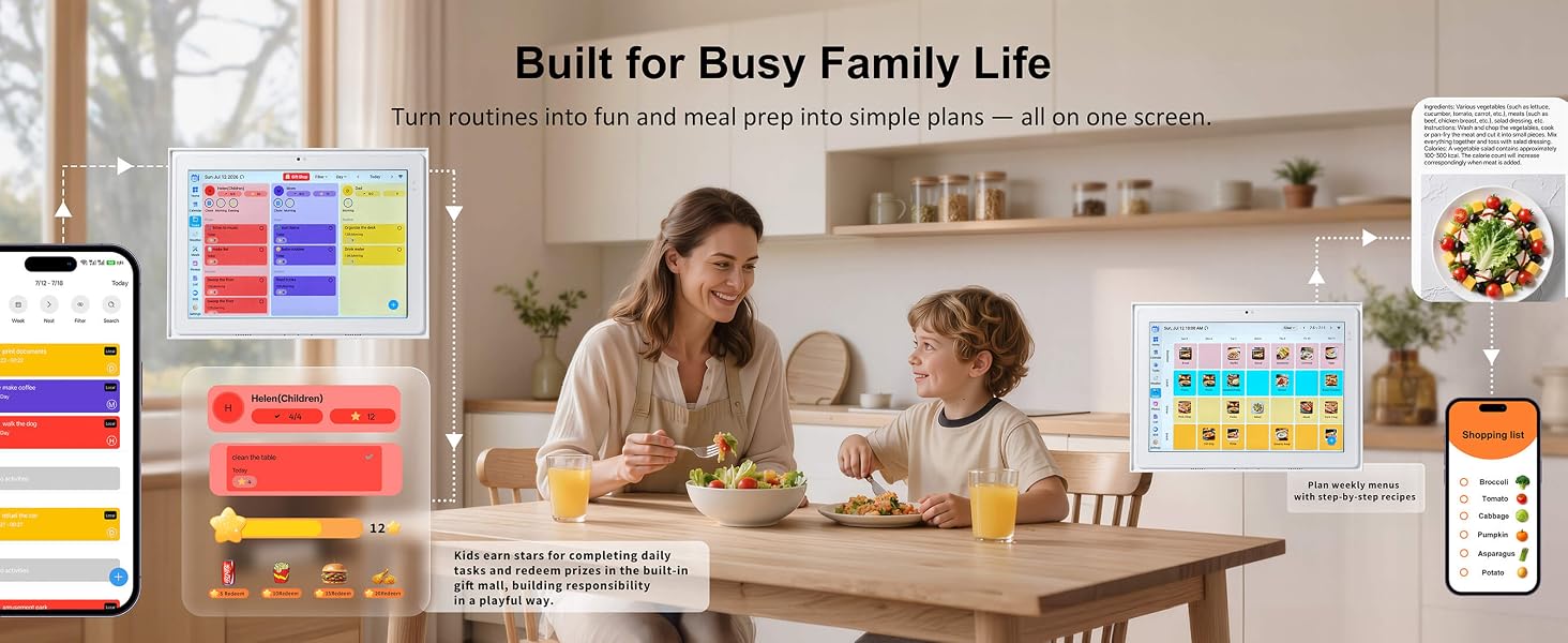 Family dining in kitchen with calendar showing chore, meal and schedule features