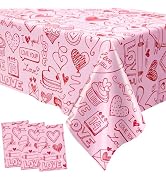 AobkDeco 3pcs Valentines Tablecloth - Disposable Plastic Pink Heart Tablecloth, Rectangle Valenti...