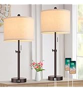 Modern Brown Table Lamps Set of 2, 23’’-30’’ Adjustable Bedroom Lamps with 2 USB Ports, Living Ro...