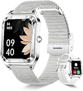 Smartwatch with silver mesh metal band and rectangular screen displaying digital time 09:40. Smaller watch image shown in corner.