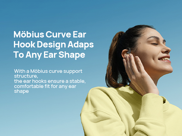 Text reads 'Möbius Curve Ear Hook Design Adapts To Any Ear Shape'. Images show close-up profile views demonstrating ear-related product