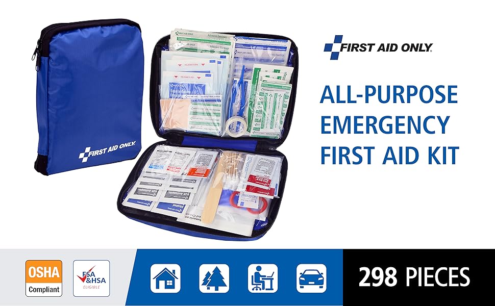 Image of emergency first aid kit with text reading first aid only.